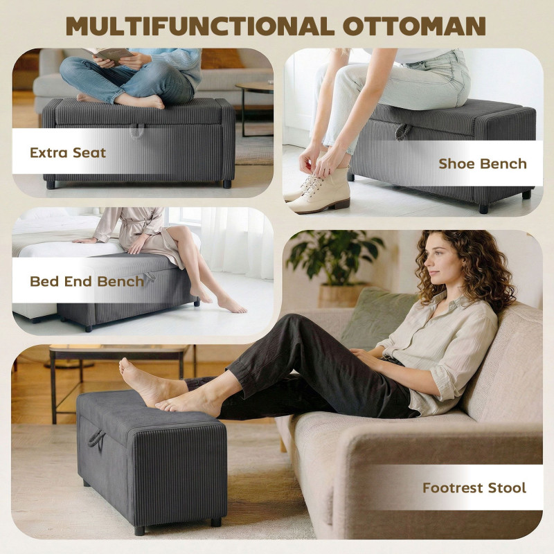 Storage Ottoman, Upholstered Corduroy End of Bed Bench with Thick Padding, Storage Bench for Bedroom, Dark Grey