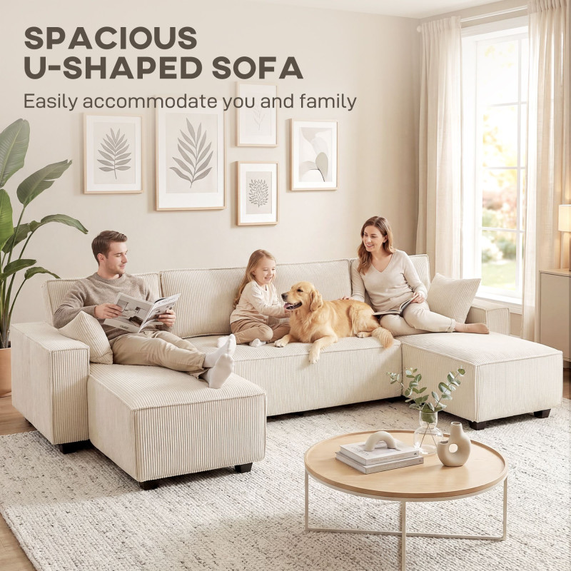 Modular U Shaped Couch, Sectional Sofa with Double Chaises and Spring Cushions, Beige