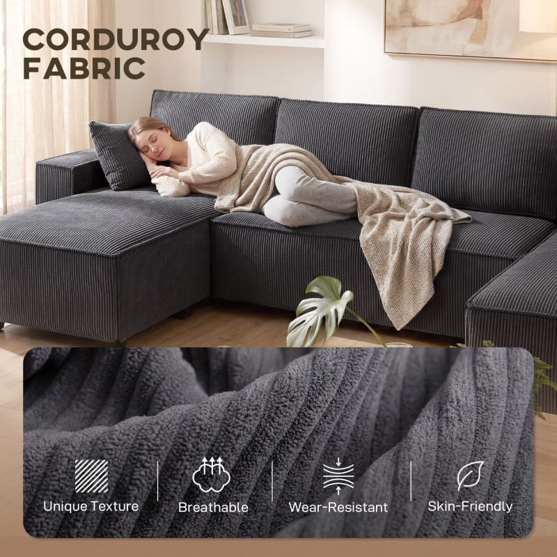 Modular U Shaped Couch, Sectional Sofa with Double Chaises and Spring Cushions, Dark Grey