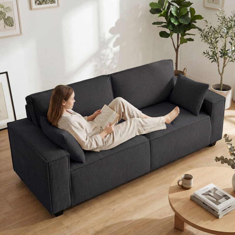 86" 3 Seater Sofa, Modern Corduroy Upholstered Couch, Dark Grey
