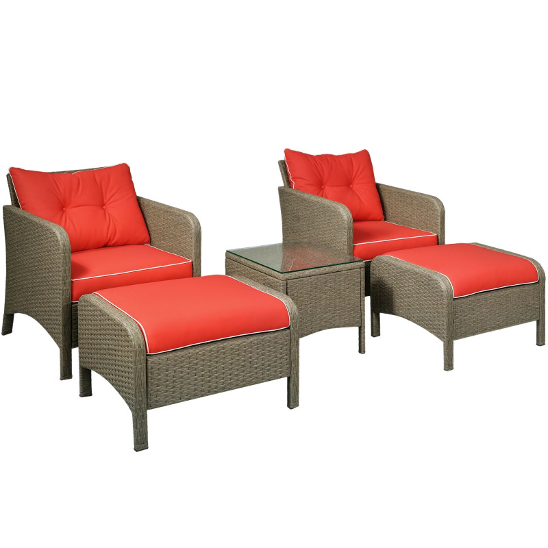 5 Pieces Wicker Patio Furniture Sofa Set Thick Padded Cushions, Outdoor PE Rattan Conversation Coffee Set with Armchairs, Footstools and Glass Top Table, Red