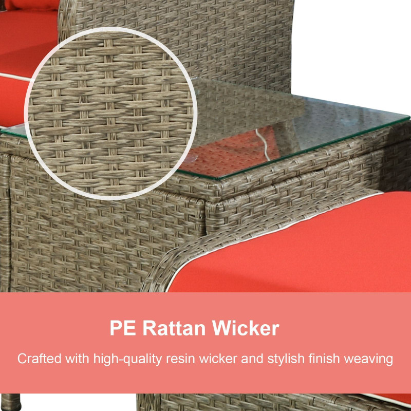 5 Pieces Wicker Patio Furniture Sofa Set Thick Padded Cushions, Outdoor PE Rattan Conversation Coffee Set with Armchairs, Footstools and Glass Top Table, Red