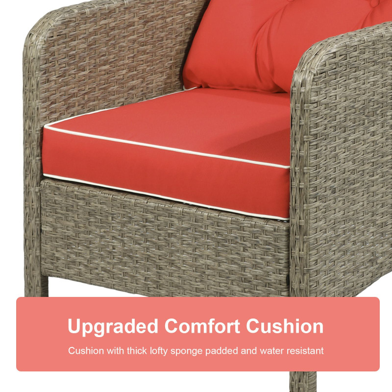 5 Pieces Wicker Patio Furniture Sofa Set Thick Padded Cushions, Outdoor PE Rattan Conversation Coffee Set with Armchairs, Footstools and Glass Top Table, Red