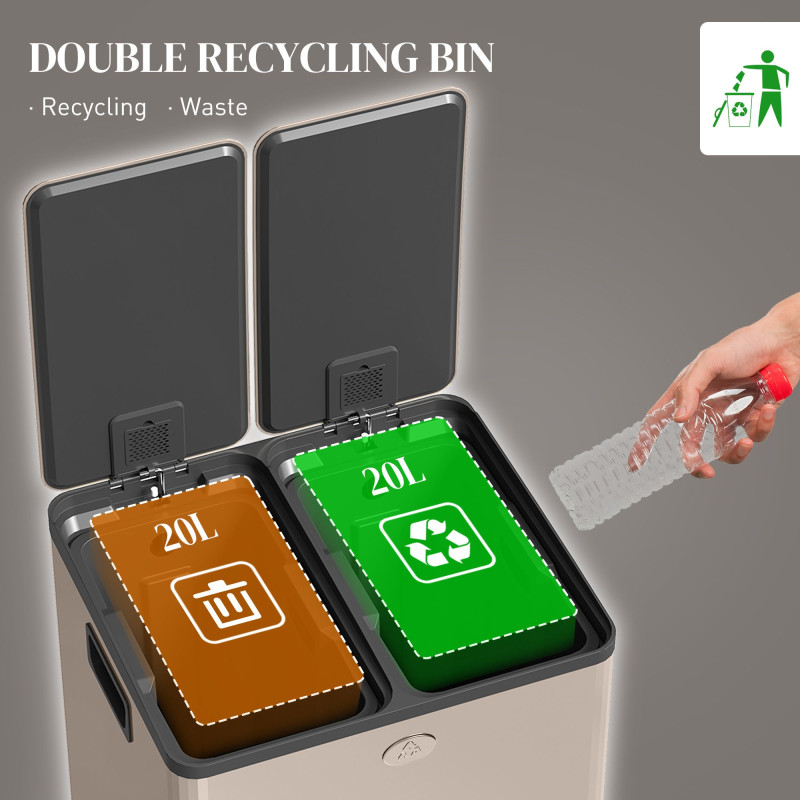 Dual Garbage Bin, Soft-Close Trash Can with Foot Pedal, 2 x 20 Liter Garbage Can with Removable Inner Buckets, Gold
