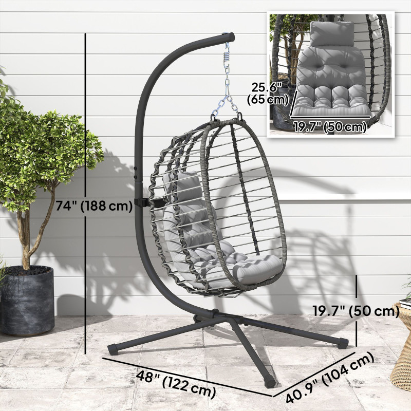 Hanging Egg Chair with Stand, Foldable Wicker Rattan Swing Chair with Thick Cushion, Headrest, Light Grey