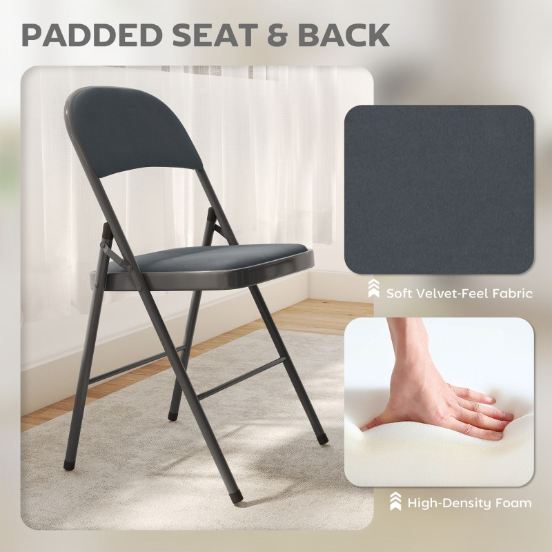 4 Pack Folding Chairs with Padded Seats, Velvet Portable Party Chairs with Steel Frame, Dark Grey
