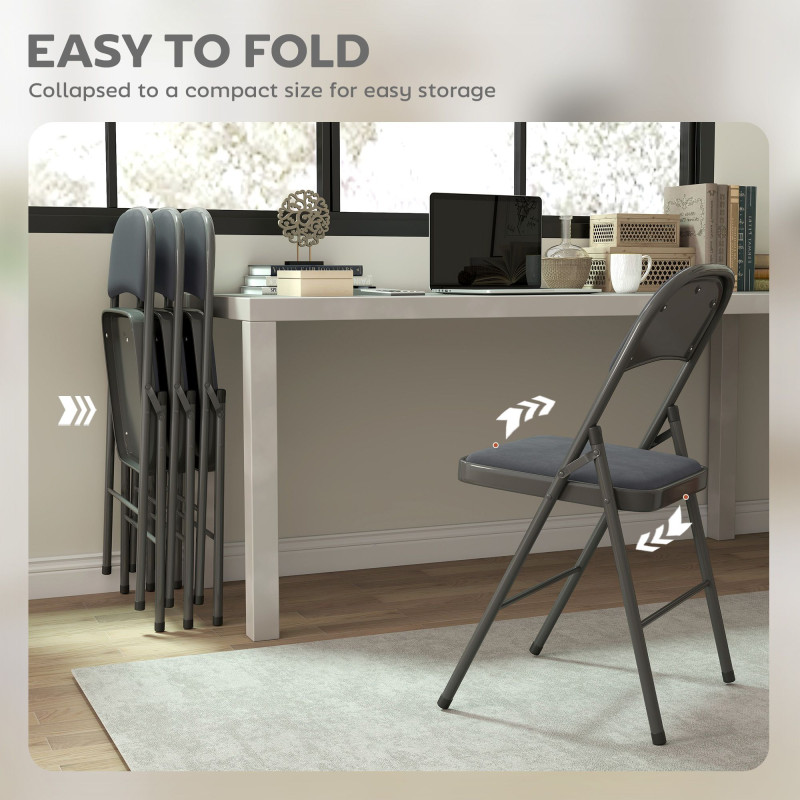 4 Pack Folding Chairs with Padded Seats, Velvet Portable Party Chairs with Steel Frame, Dark Grey