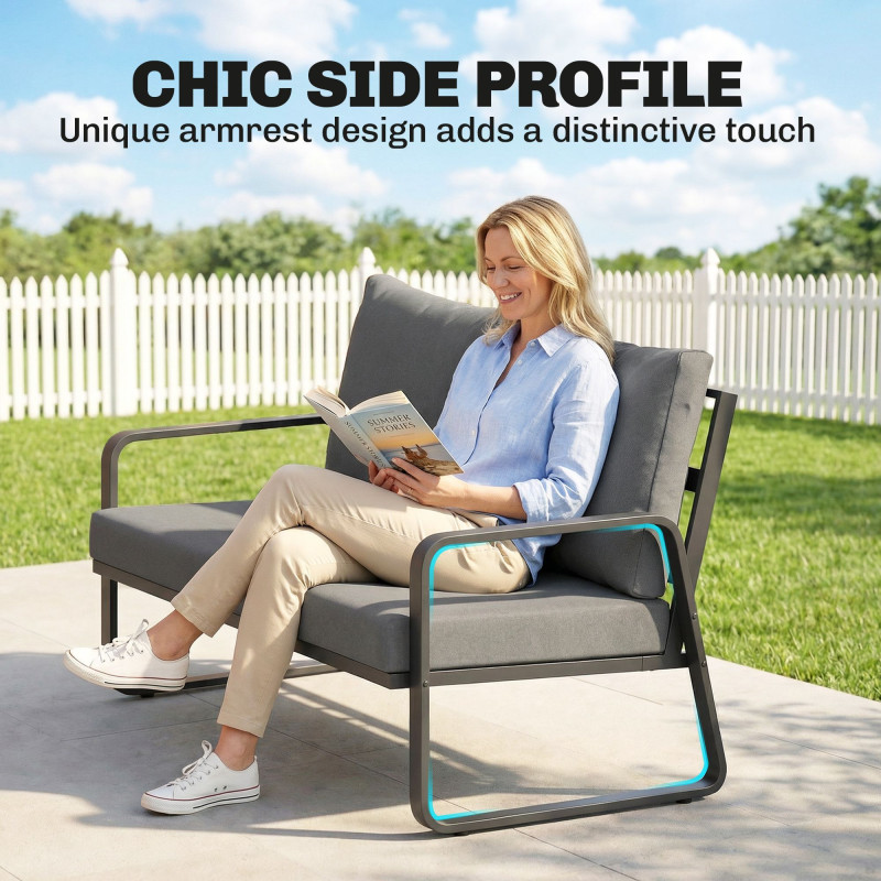 Outdoor Sofa Thick Cushions Outdoor Patio Couch Loveseat 2 Seater for Garden Black and Light Grey