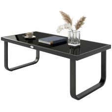 Outdoor Patio Coffee Table, Rectangle Metal Side Table with Tempered Glass Tabletop, Adjustable Foot Pads