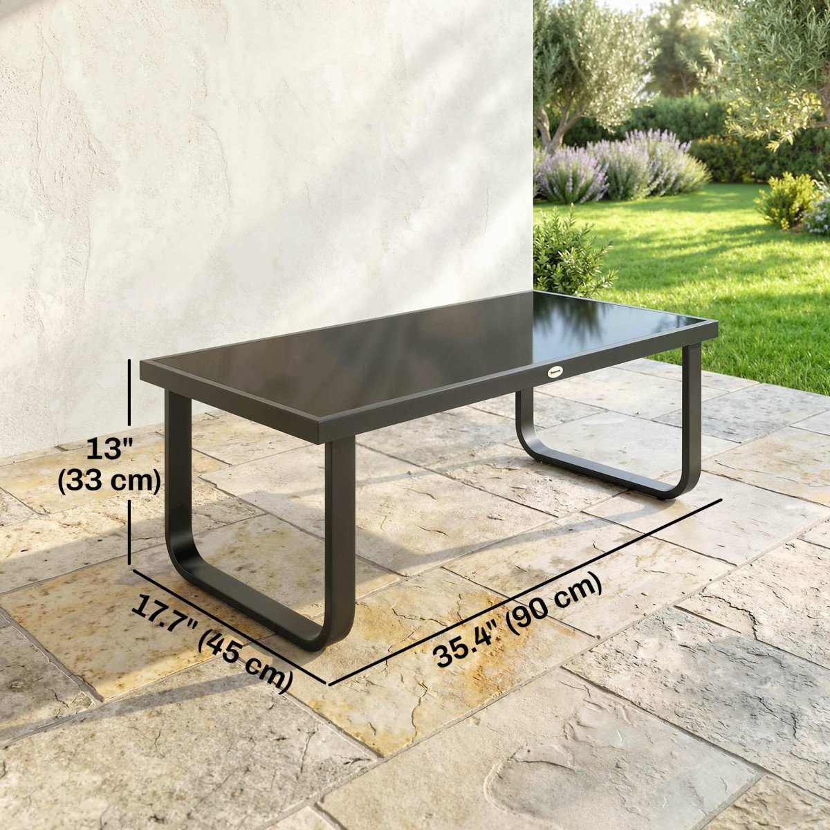 Outdoor Patio Coffee Table, Rectangle Metal Side Table with Tempered Glass Tabletop, Adjustable Foot Pads
