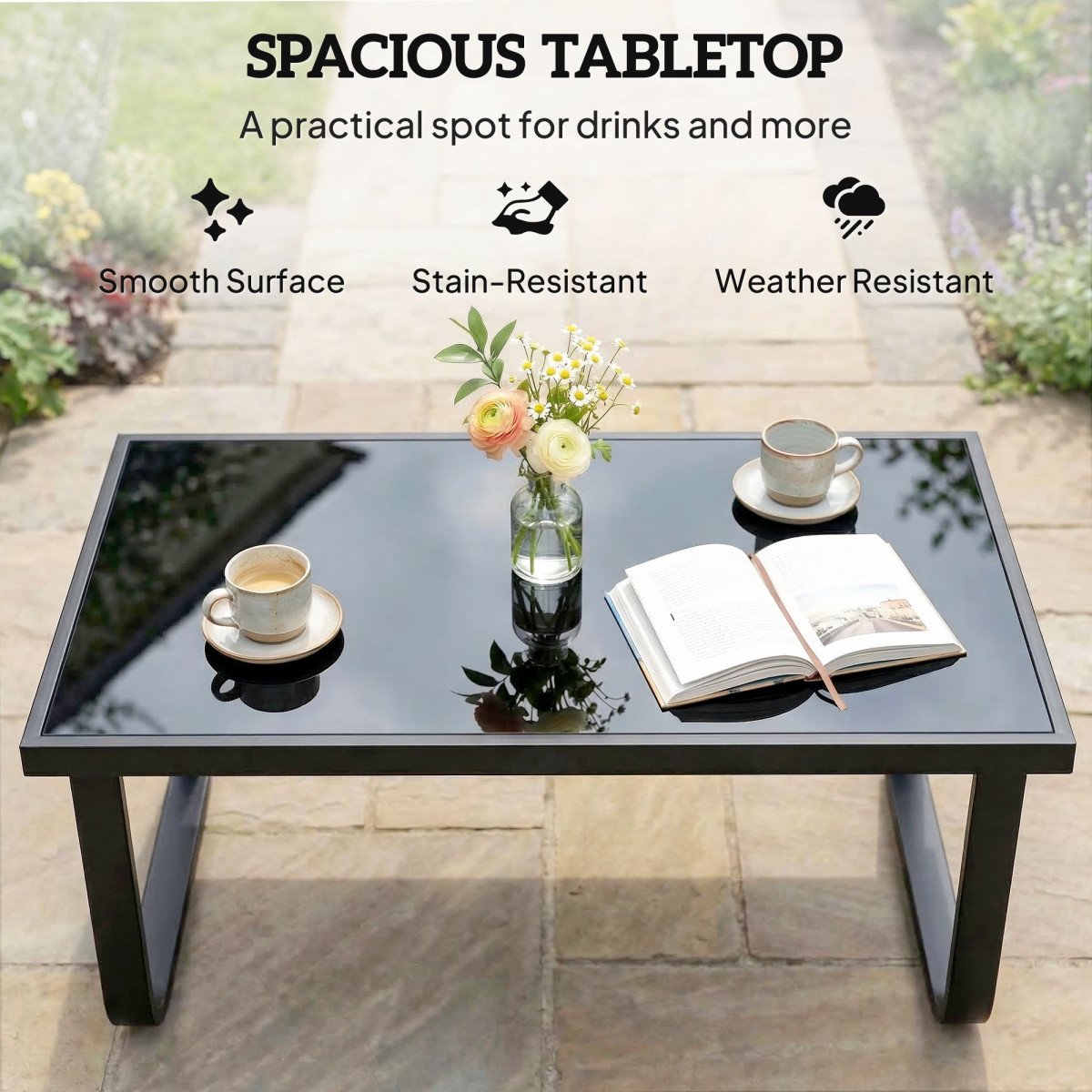 Outdoor Patio Coffee Table, Rectangle Metal Side Table with Tempered Glass Tabletop, Adjustable Foot Pads