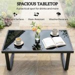 Outdoor Patio Coffee Table, Rectangle Metal Side Table with Tempered Glass Tabletop, Adjustable Foot Pads
