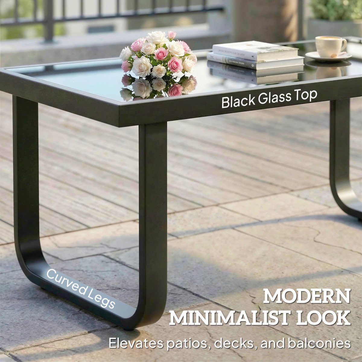 Outdoor Patio Coffee Table, Rectangle Metal Side Table with Tempered Glass Tabletop, Adjustable Foot Pads
