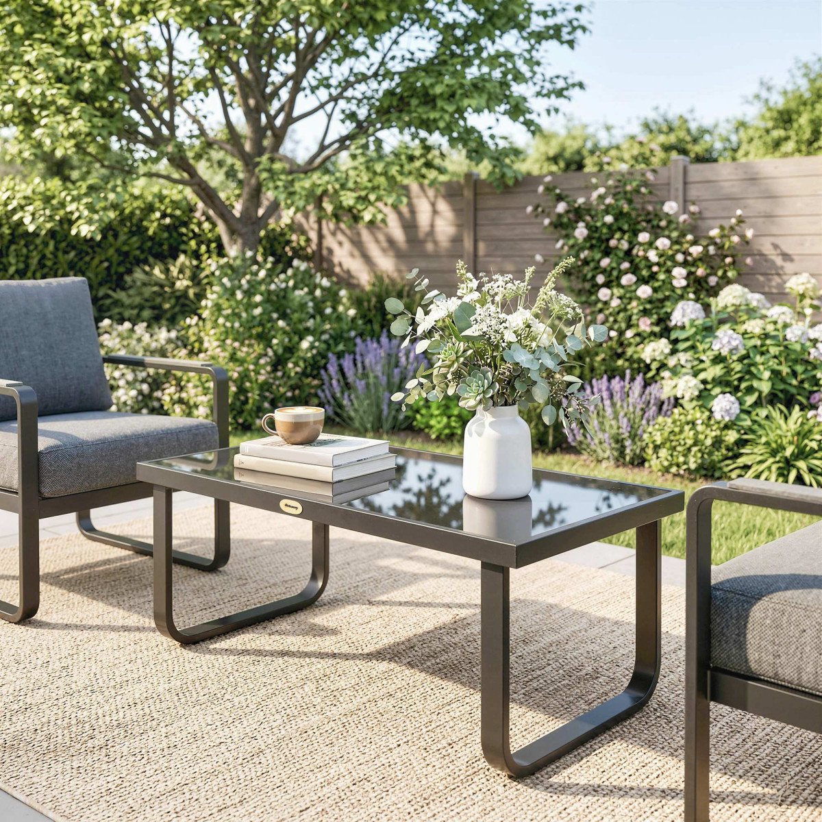 Outdoor Patio Coffee Table, Rectangle Metal Side Table with Tempered Glass Tabletop, Adjustable Foot Pads