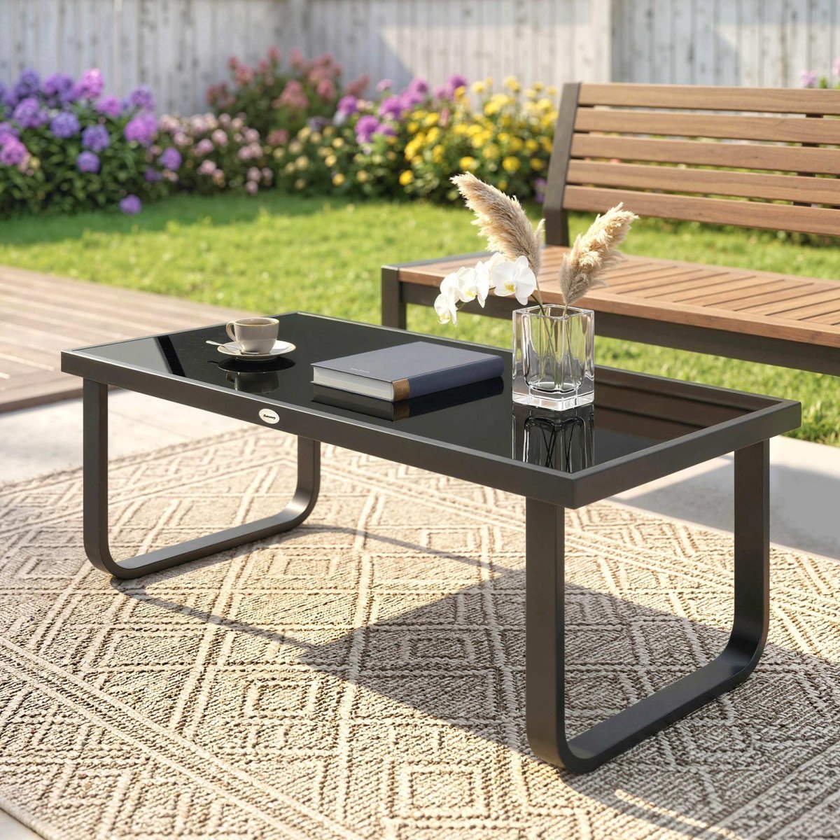 Outdoor Patio Coffee Table, Rectangle Metal Side Table with Tempered Glass Tabletop, Adjustable Foot Pads