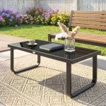 Outdoor Patio Coffee Table, Rectangle Metal Side Table with Tempered Glass Tabletop, Adjustable Foot Pads