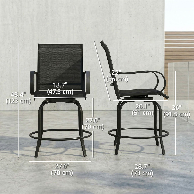 Outdoor Bar Stools Set of 2, 360° Swivel Bar Height Chairs, 27.6" x 28.7" x 48.4", Black