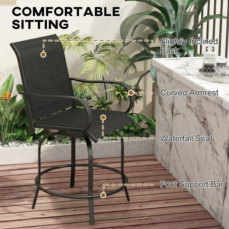 Outdoor Bar Stools Set of 2, 360° Swivel Bar Height Chairs, 27.6" x 28.7" x 48.4", Black