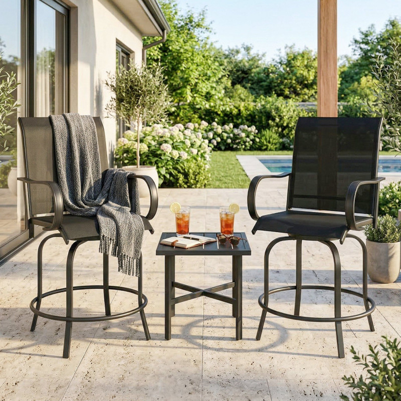 Outdoor Bar Stools Set of 2, 360° Swivel Bar Height Chairs, 27.6" x 28.7" x 48.4", Black