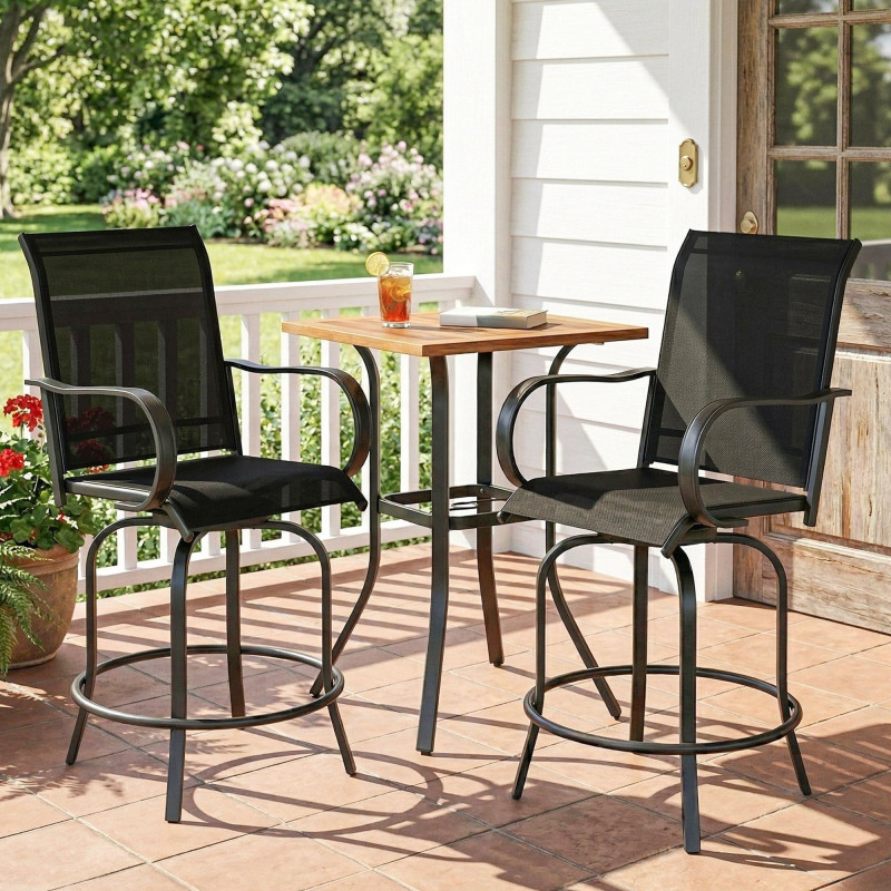 Outdoor Bar Stools Set of 2, 360° Swivel Bar Height Chairs, 27.6" x 28.7" x 48.4", Black