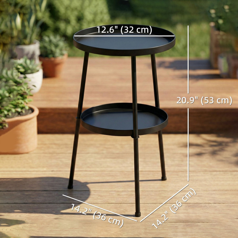 Metal Patio Side Table, 2-Tier Round End Table, for Living Room, Bedroom, Garden, Balcony, Black
