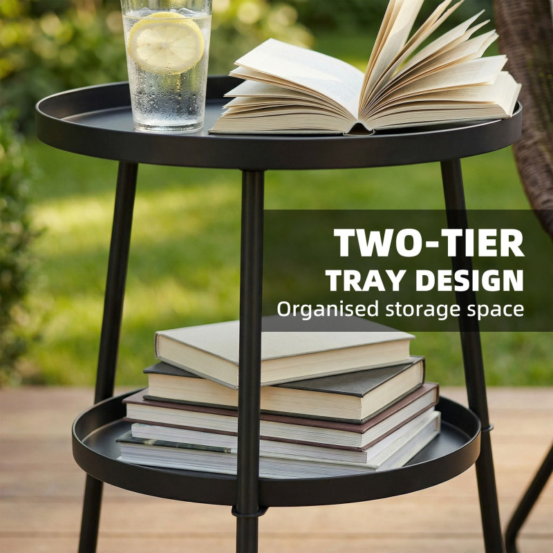Metal Patio Side Table, 2-Tier Round End Table, for Living Room, Bedroom, Garden, Balcony, Black