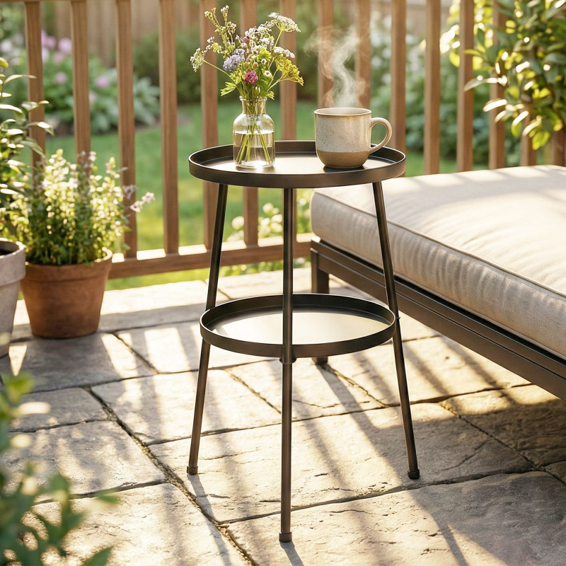 Metal Patio Side Table, 2-Tier Round End Table, for Living Room, Bedroom, Garden, Balcony, Black