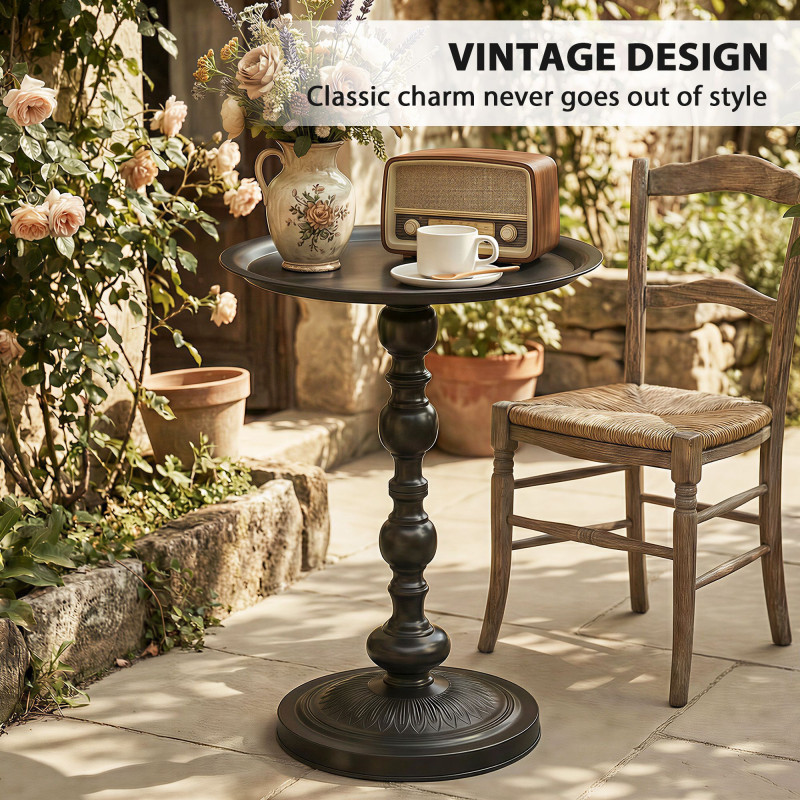 15.4" Round Outdoor Side Table, Tray Top Metal Patio Table with Retro Column Base for Indoor, Balcony, Garden, Black