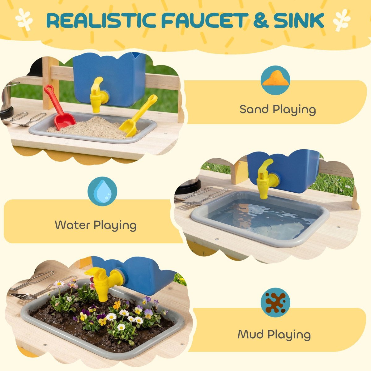 Qaba Mud Kitchen for Kids Outdoor with Wheels, Wooden Play Kitchen with Sink, Storage, Planting Pots, Blackboard, Yellow