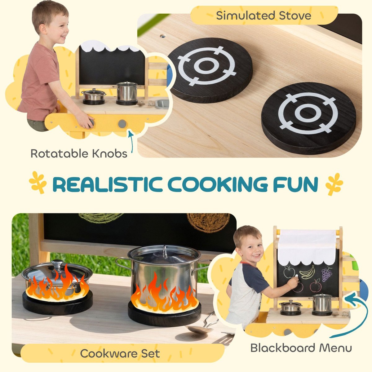 Qaba Mud Kitchen for Kids Outdoor with Wheels, Wooden Play Kitchen with Sink, Storage, Planting Pots, Blackboard, Yellow