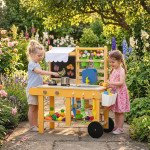Qaba Mud Kitchen for Kids Outdoor with Wheels, Wooden Play Kitchen with Sink, Storage, Planting Pots, Blackboard, Yellow