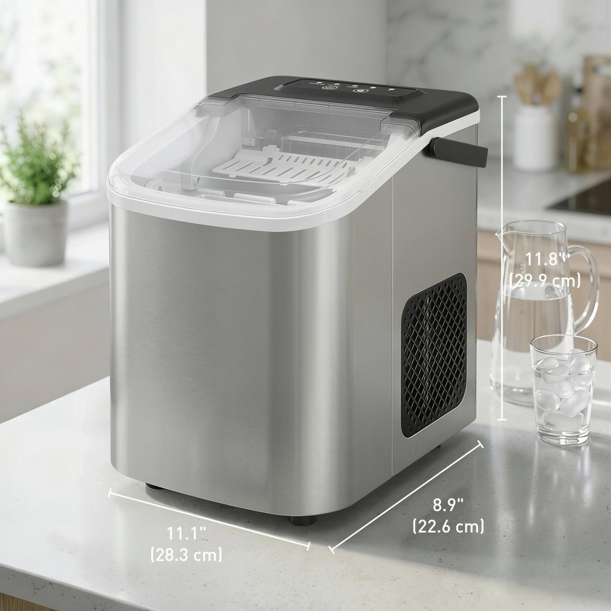 Portable Ice Maker Countertop, Self-Cleaning Ice Machine with 2 Bullet Ice Sizes, Ice Scoop, Silver