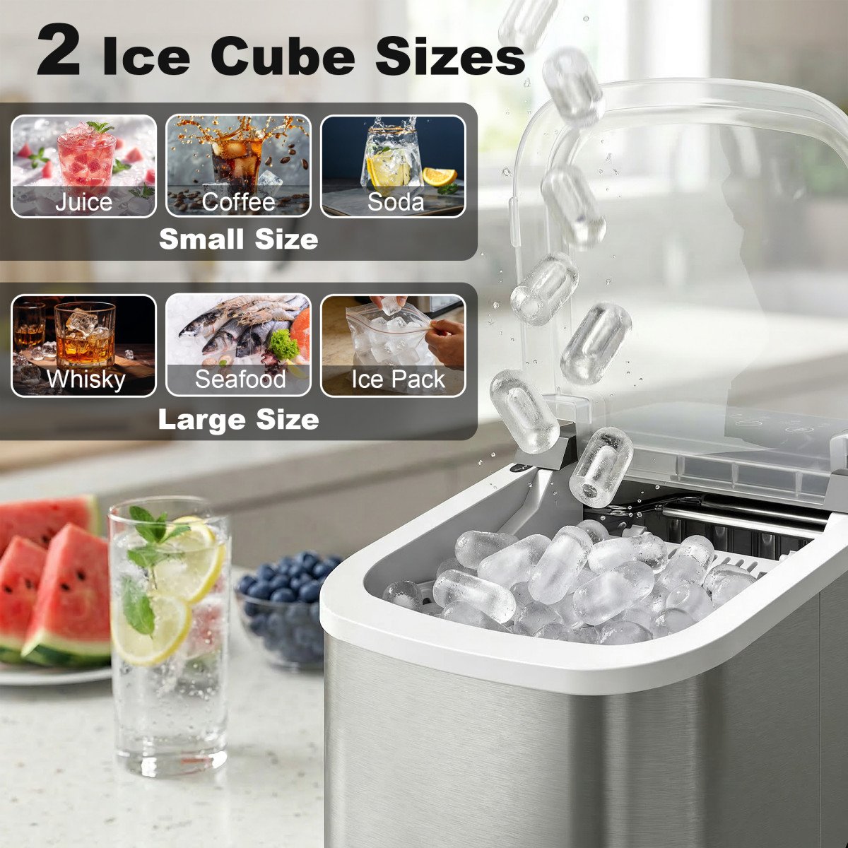 Portable Ice Maker Countertop, Self-Cleaning Ice Machine with 2 Bullet Ice Sizes, Ice Scoop, Silver