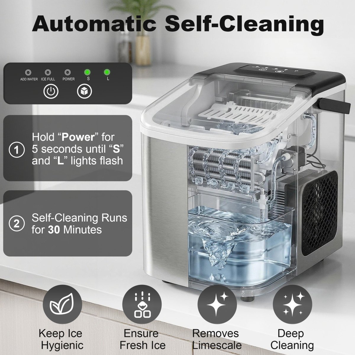 Portable Ice Maker Countertop, Self-Cleaning Ice Machine with 2 Bullet Ice Sizes, Ice Scoop, Silver