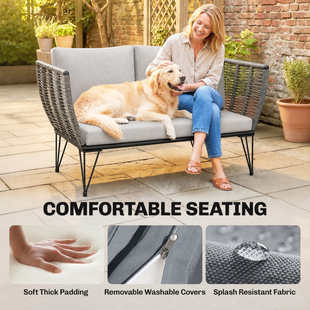 Outdoor Couch Patio Sofa with Cushions, 2 Seater Patio Furniture Loveseat with Galvanized Steel Frame, Light Grey