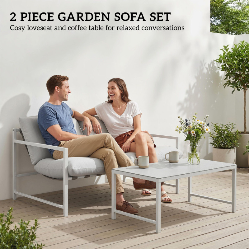 2 Piece Patio Furniture Set, Outdoor Loveseat Sofa Set with Thick Cushions and Coffee Table for Porch Garden, Light Grey