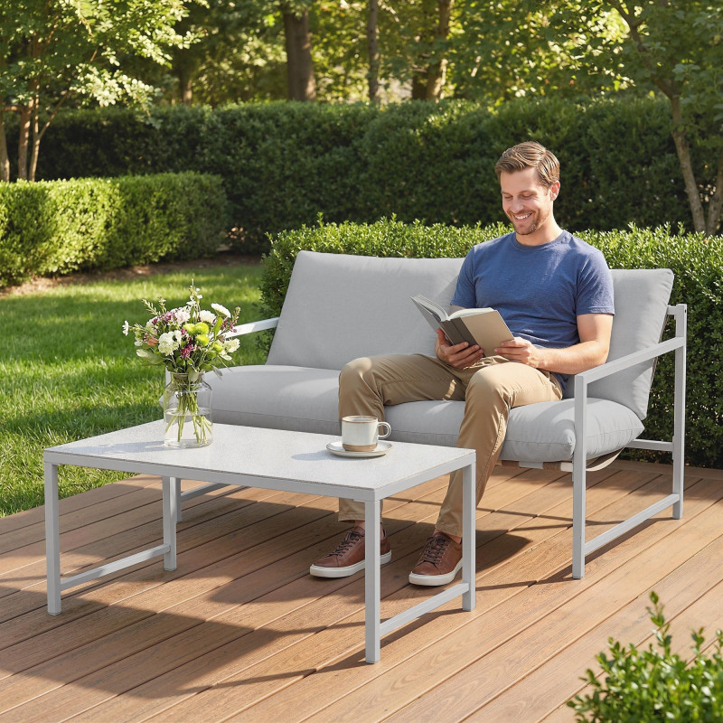 2 Piece Patio Furniture Set, Outdoor Loveseat Sofa Set with Thick Cushions and Coffee Table for Porch Garden, Light Grey