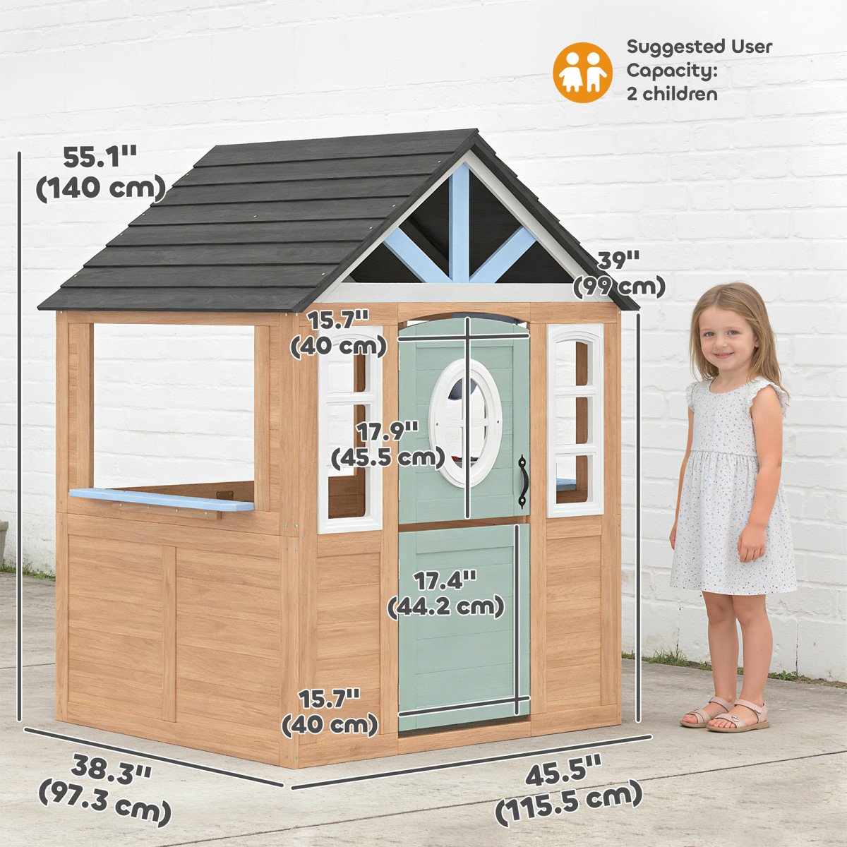 Qaba Kids Outdoor Playhouse, Wooden Cottage Play House with Pet Door, Play Kitchen, Half Door and Windows for Indoor Outdoor