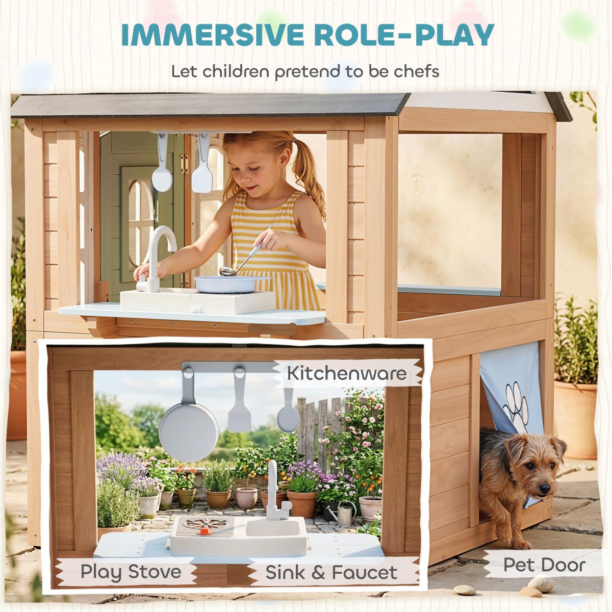 Qaba Kids Outdoor Playhouse, Wooden Cottage Play House with Pet Door, Play Kitchen, Half Door and Windows for Indoor Outdoor
