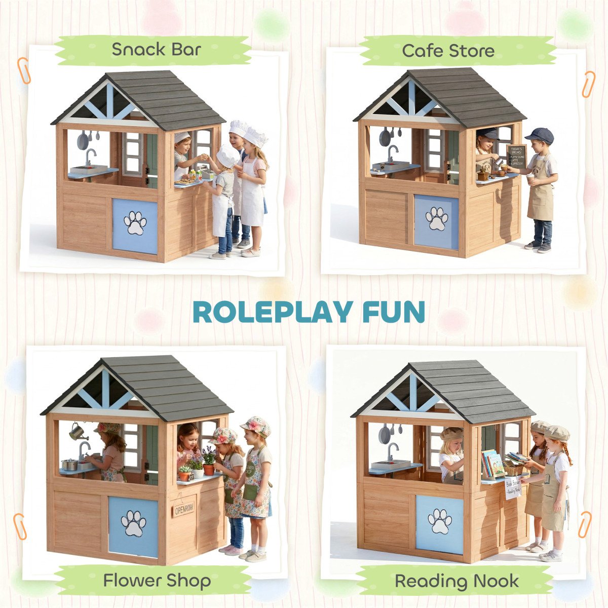 Qaba Kids Outdoor Playhouse, Wooden Cottage Play House with Pet Door, Play Kitchen, Half Door and Windows for Indoor Outdoor