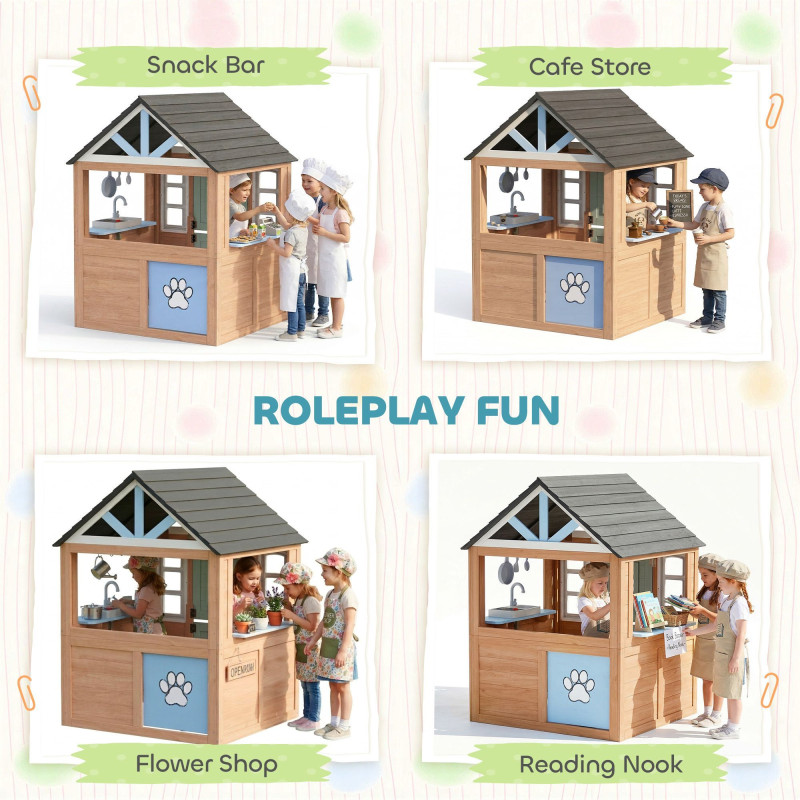 Qaba Kids Outdoor Playhouse, Wooden Cottage Play House with Pet Door, Play Kitchen, Half Door and Windows for Indoor Outdoor