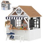 Qaba Outdoor Playhouse, Wooden Kids Playhouse with Dog Door, Cookware, Blackboard, Bench, Doorbell for Ages 2+