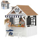 Qaba Outdoor Playhouse, Wooden Kids Playhouse with Dog Door, Cookware, Blackboard, Bench, Doorbell for Ages 2+