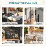 Qaba Outdoor Playhouse, Wooden Kids Playhouse with Dog Door, Cookware, Blackboard, Bench, Doorbell for Ages 2+