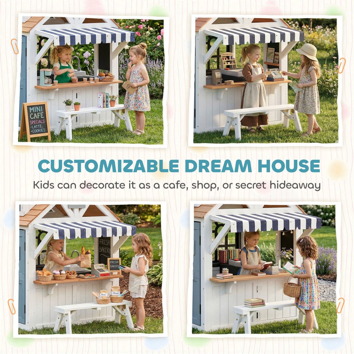 Qaba Outdoor Playhouse, Wooden Kids Playhouse with Dog Door, Cookware, Blackboard, Bench, Doorbell for Ages 2+