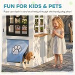 Qaba Outdoor Playhouse, Wooden Kids Playhouse with Dog Door, Cookware, Blackboard, Bench, Doorbell for Ages 2+