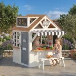 Qaba Outdoor Playhouse, Wooden Kids Playhouse with Dog Door, Cookware, Blackboard, Bench, Doorbell for Ages 2+