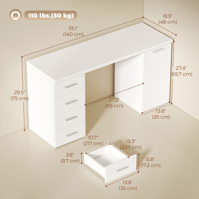 140 cm Computer Desk with Adjustable Shelf Home Office Desk with Drawers and Cabinet White Wood Grain