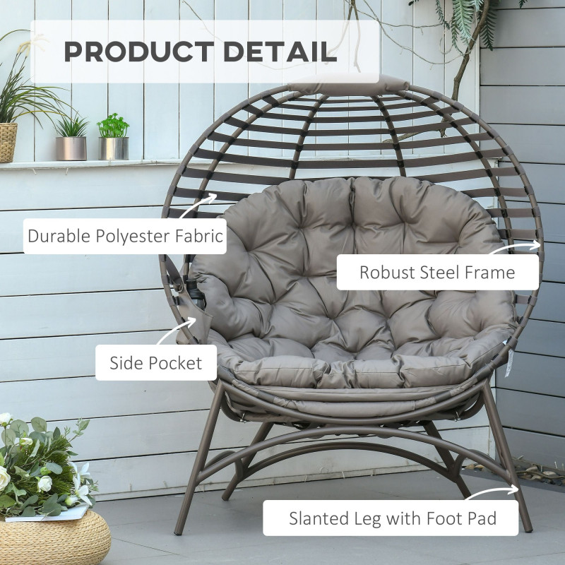 Egg Chair, Patio Lounge Chair, Foldable Basket Chair with Large Seat Cushion, Side Pocket, Sand
