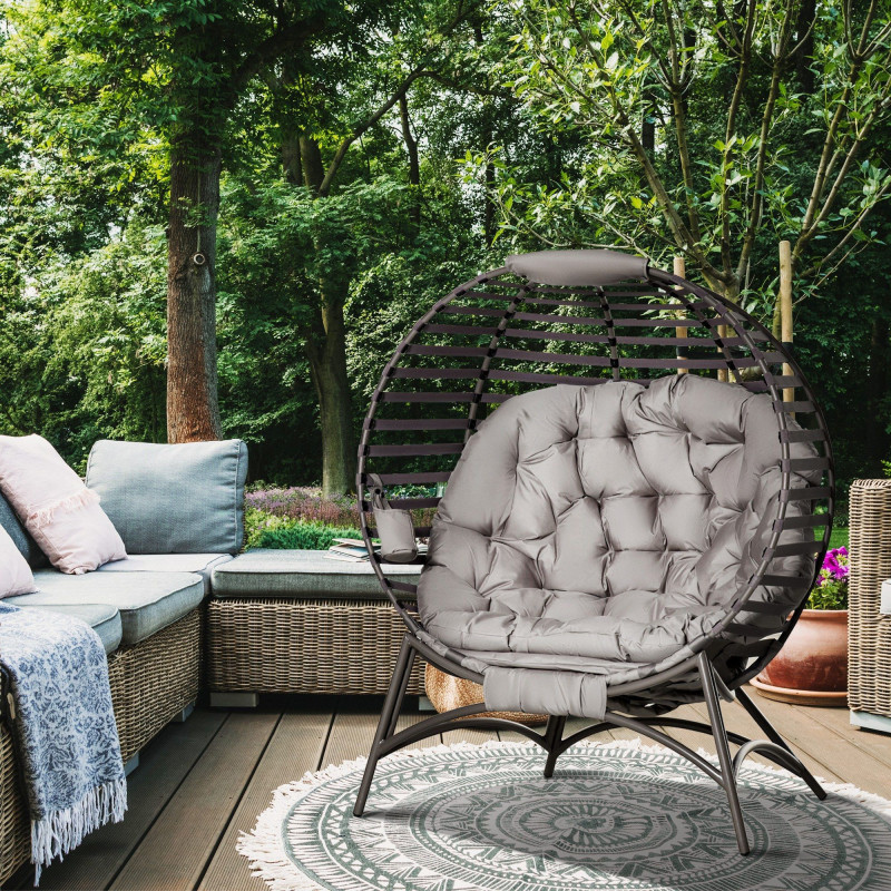 Egg Chair, Patio Lounge Chair, Foldable Basket Chair with Large Seat Cushion, Side Pocket, Sand